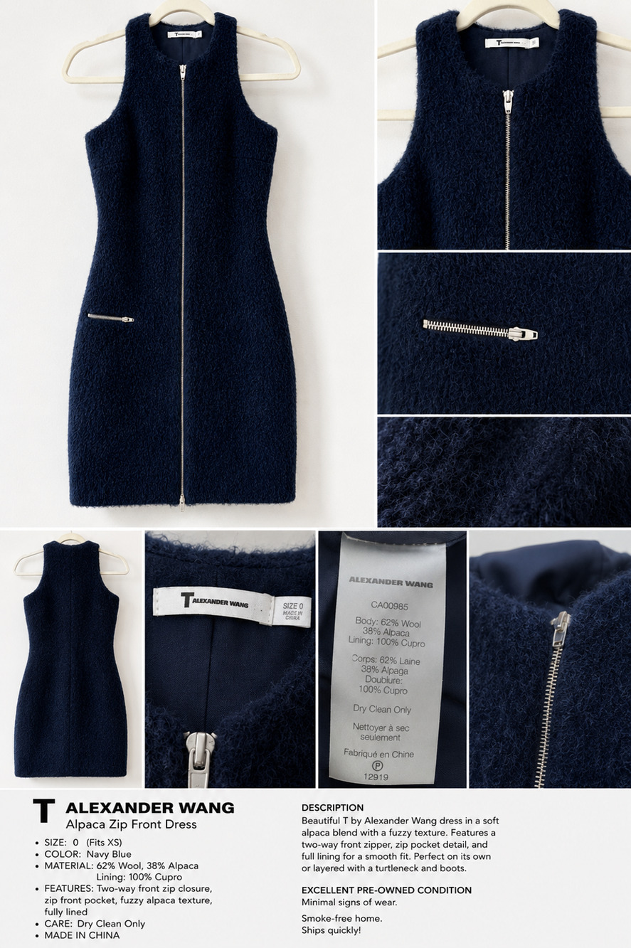 T by Alexander Wang Mini Dress Blue Alpaca/Wool Blend Zip Size 0 Archival